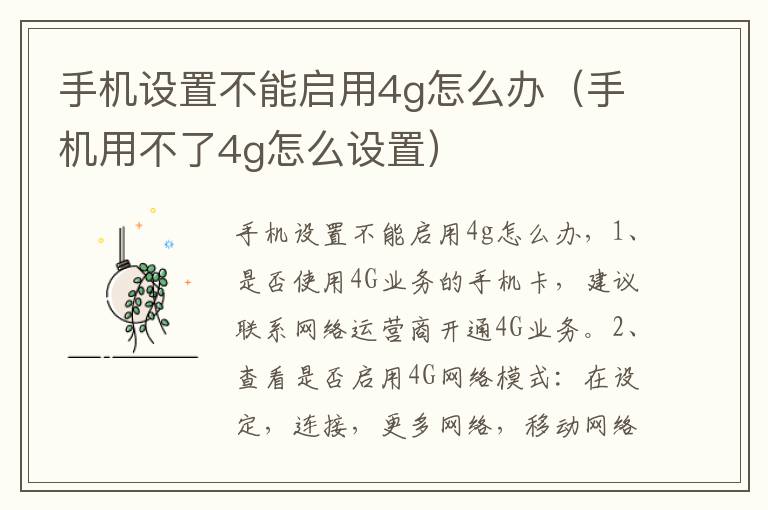 手机设置不能启用4g怎么办（手机用不了4g怎么设置）