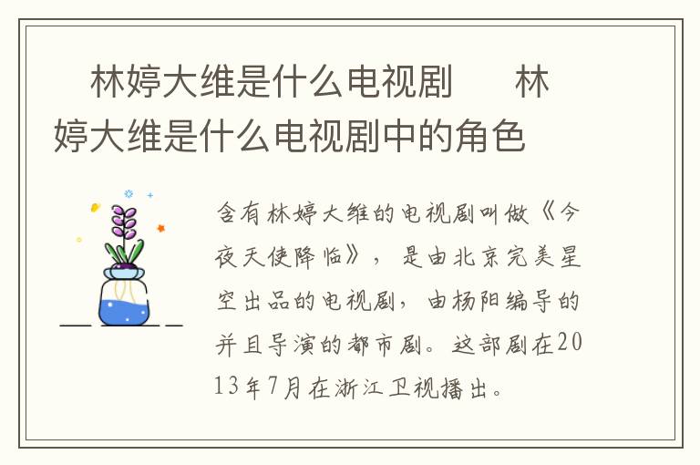 ​林婷大维是什么电视剧  ​林婷大维是什么电视剧中的角色