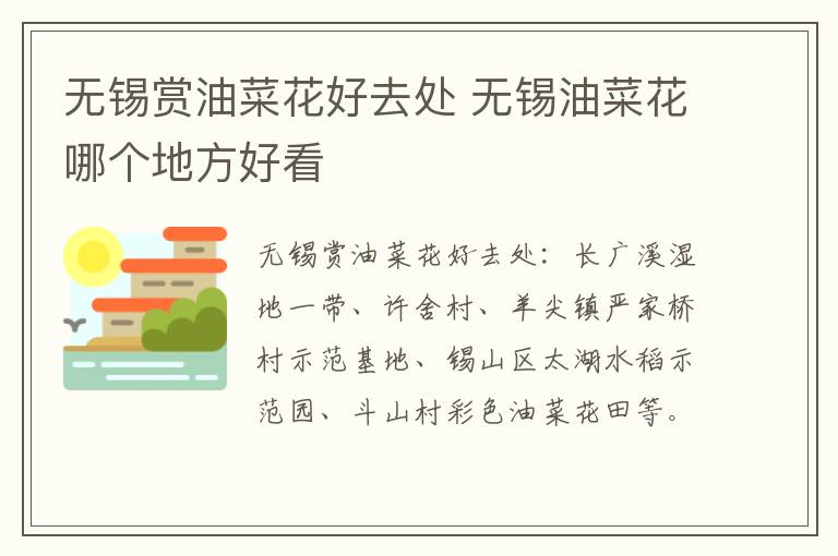 无锡赏油菜花好去处 无锡油菜花哪个地方好看