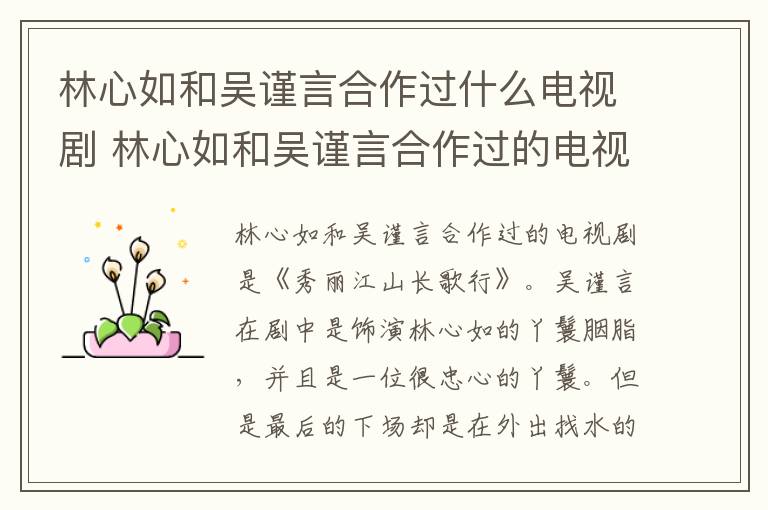 林心如和吴谨言合作过什么电视剧 林心如和吴谨言合作过的电视剧-九图集