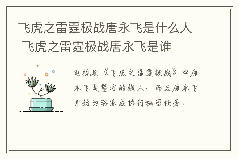 飞虎之雷霆极战唐永飞是什么人 飞虎之雷霆极战唐永飞是谁-九图集