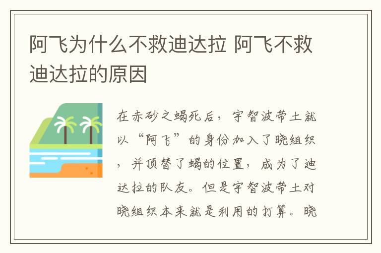 阿飞为什么不救迪达拉 阿飞不救迪达拉的原因-九图集